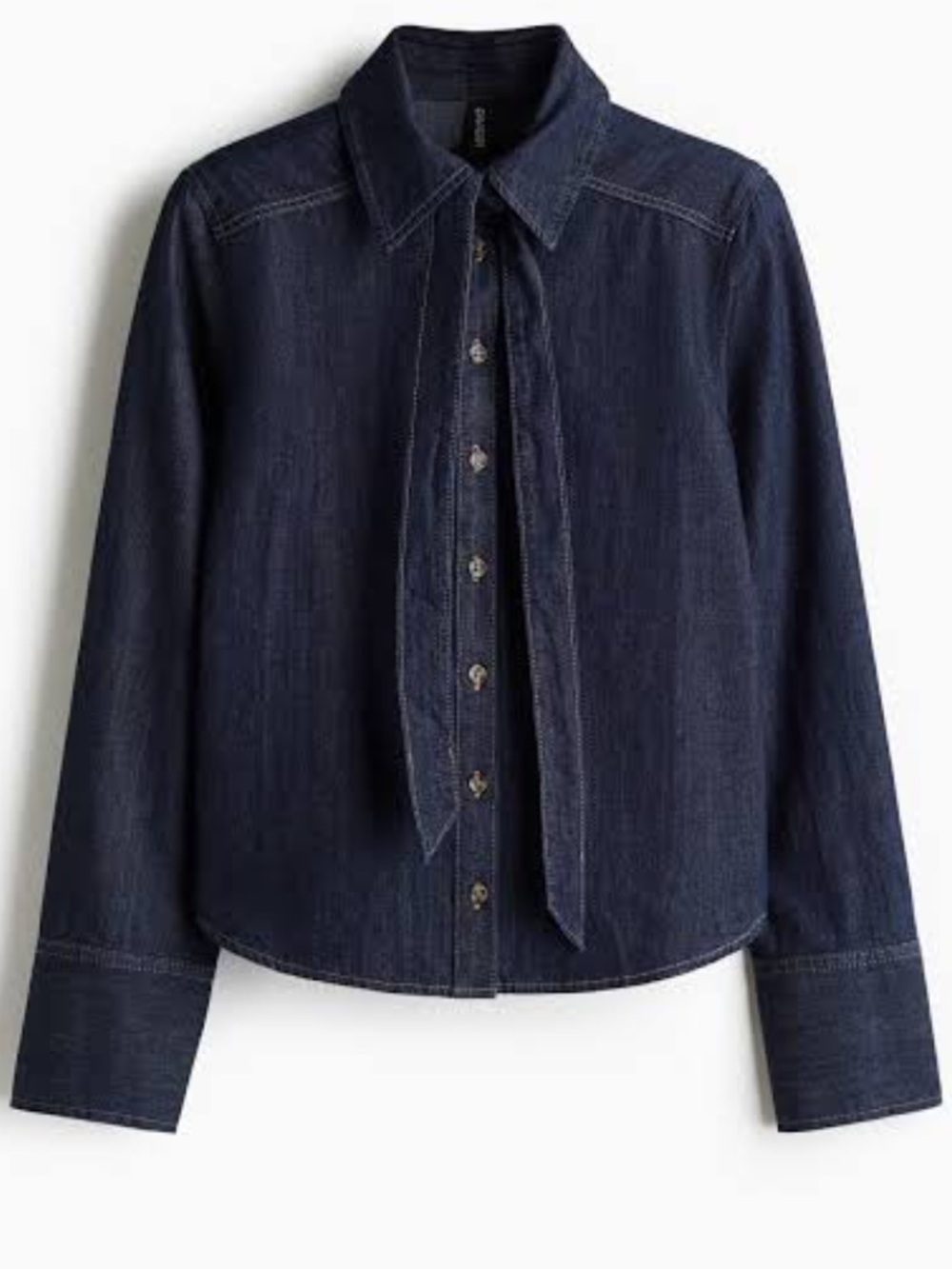 H & M Divided dark denim cotton button up top with tie at the neck, size S
